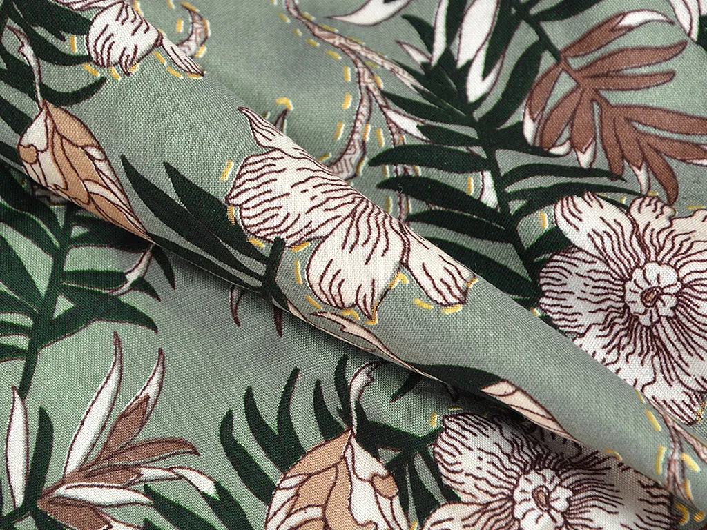 Fern Green Floral Digital Print Cotton Rayon Fabric