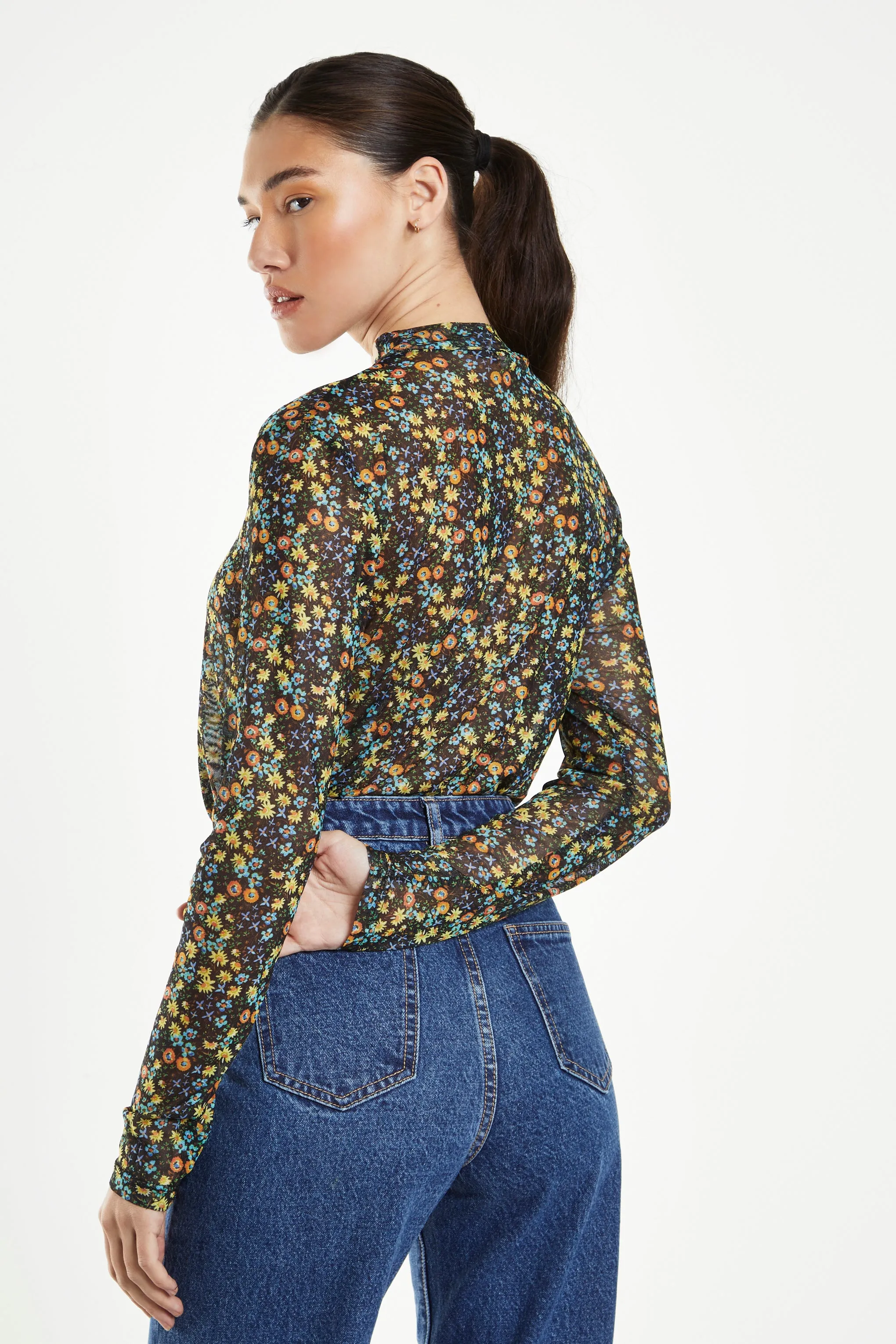 Glamorous Black Multi Floral Mesh Long Sleeve Top with High Neck