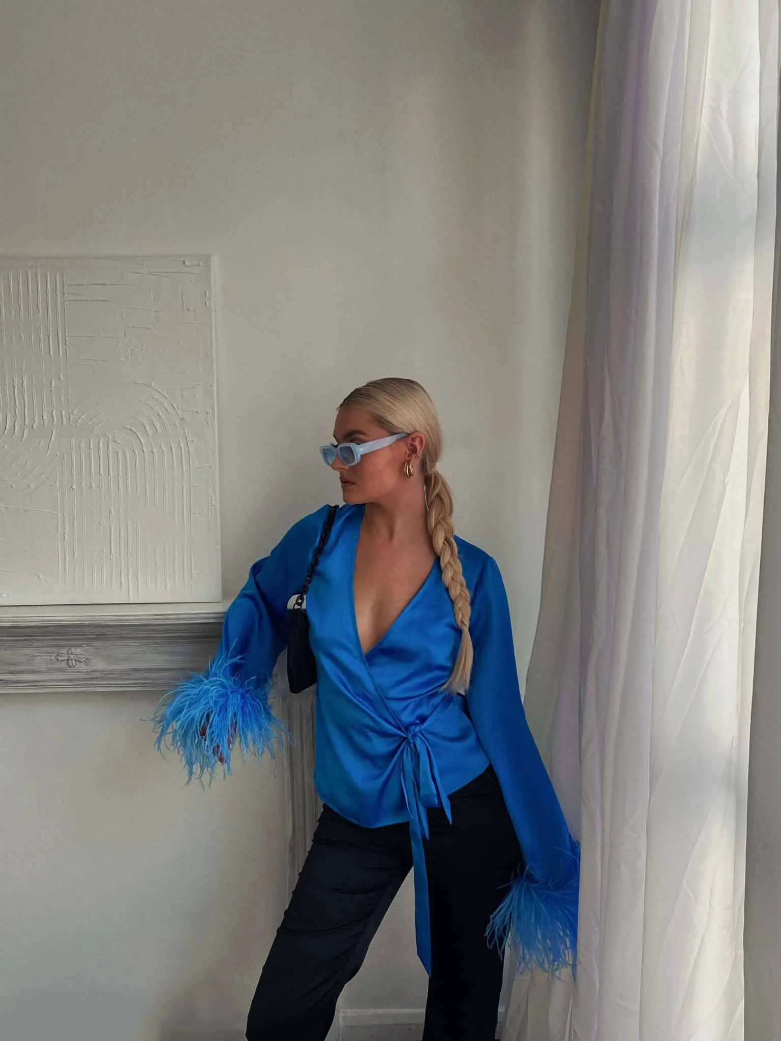 Glamorous Blue Aster Satin Wrap Blouse with Feather Trim
