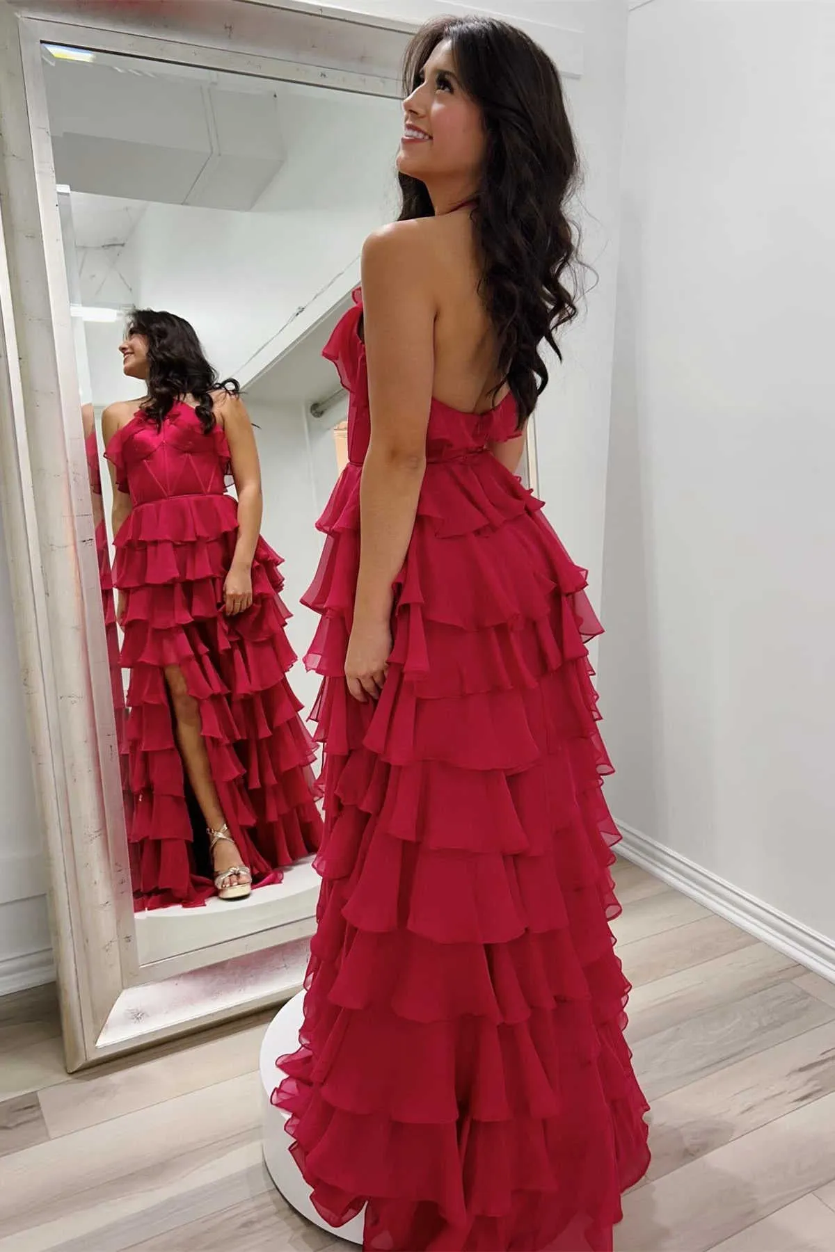 Halter Keyhole Ruffle Tiered Prom Dress with Slit