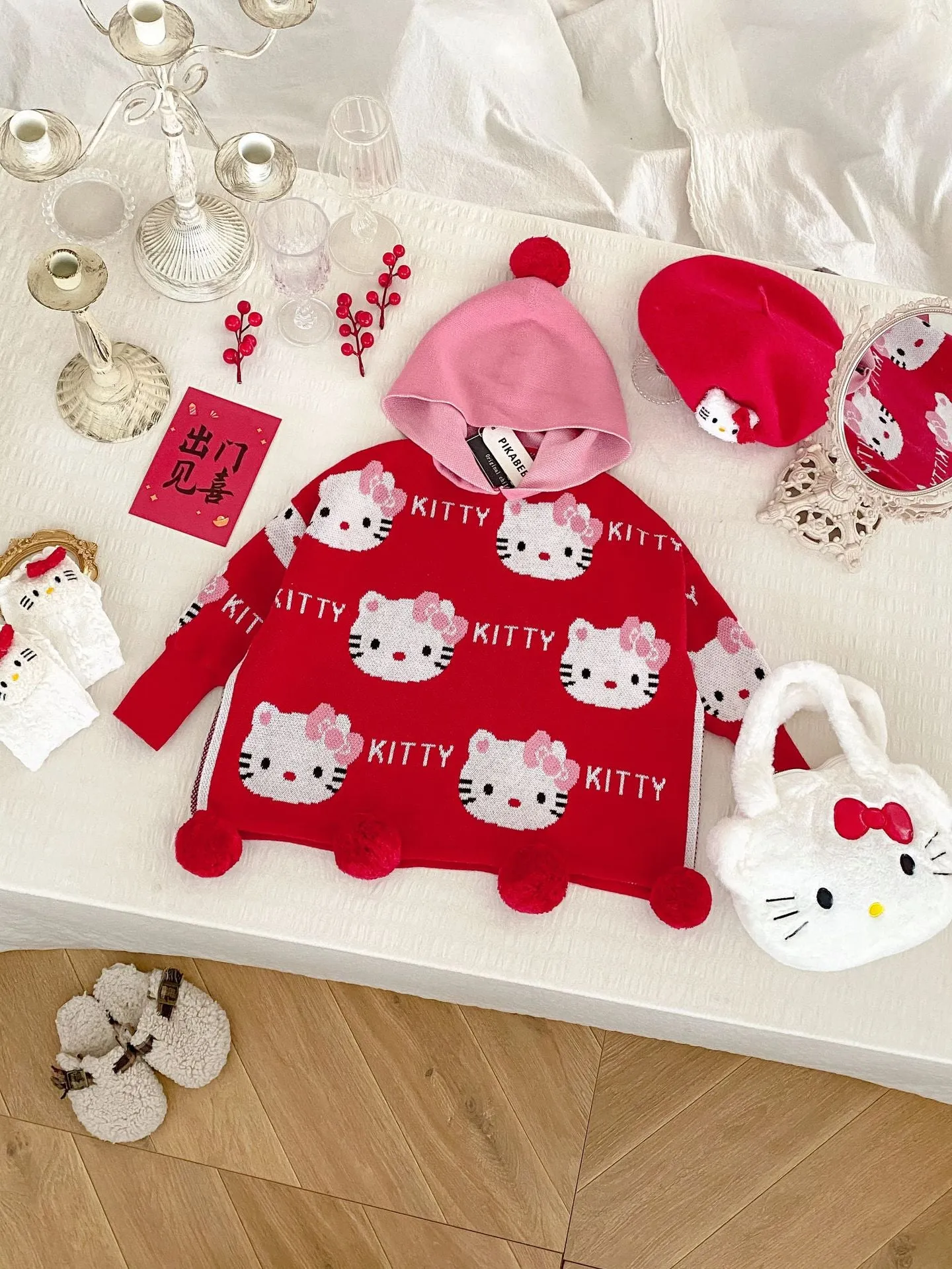 Hello Kitty Winter Wonderland: Red Pom-Pom Sweater and White Polka Dot Tulle Skirt Set
