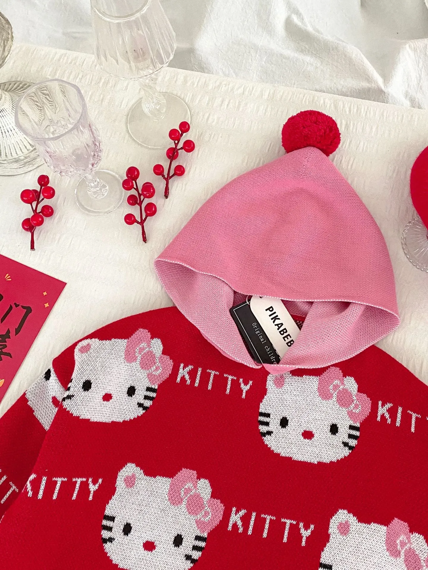 Hello Kitty Winter Wonderland: Red Pom-Pom Sweater and White Polka Dot Tulle Skirt Set