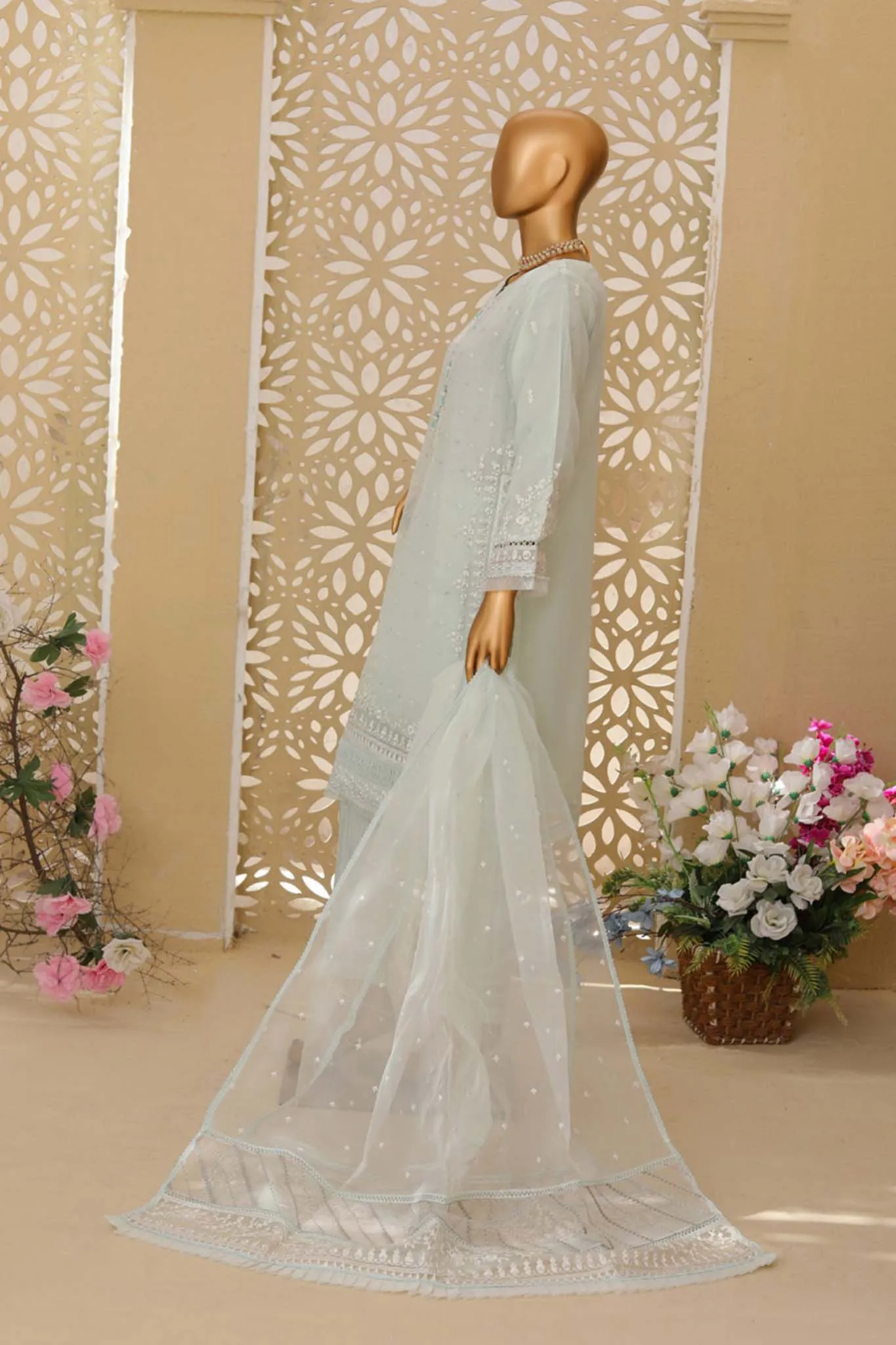 Hz Stitched 3 Piece Emb Organza Collection'2023-HZK-53-Sky Blue