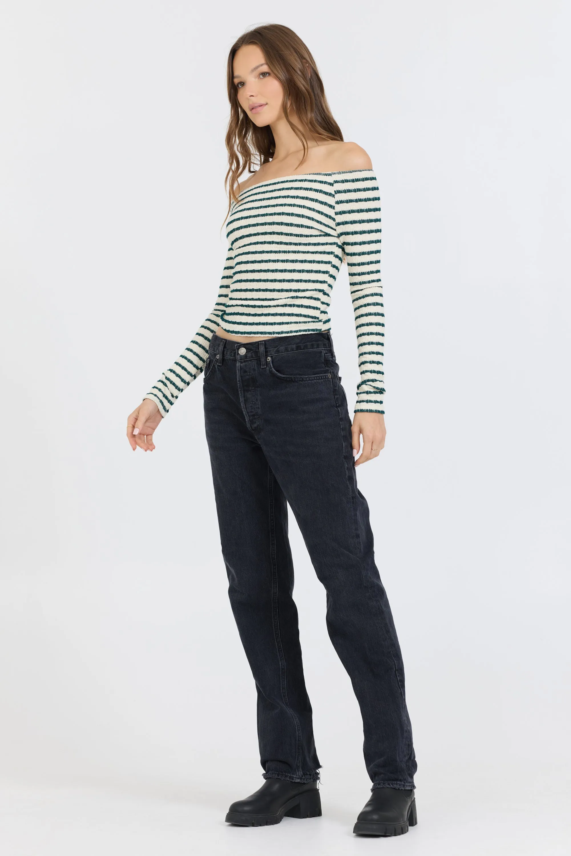Ivory Green Fitted Off The Shoulder Top