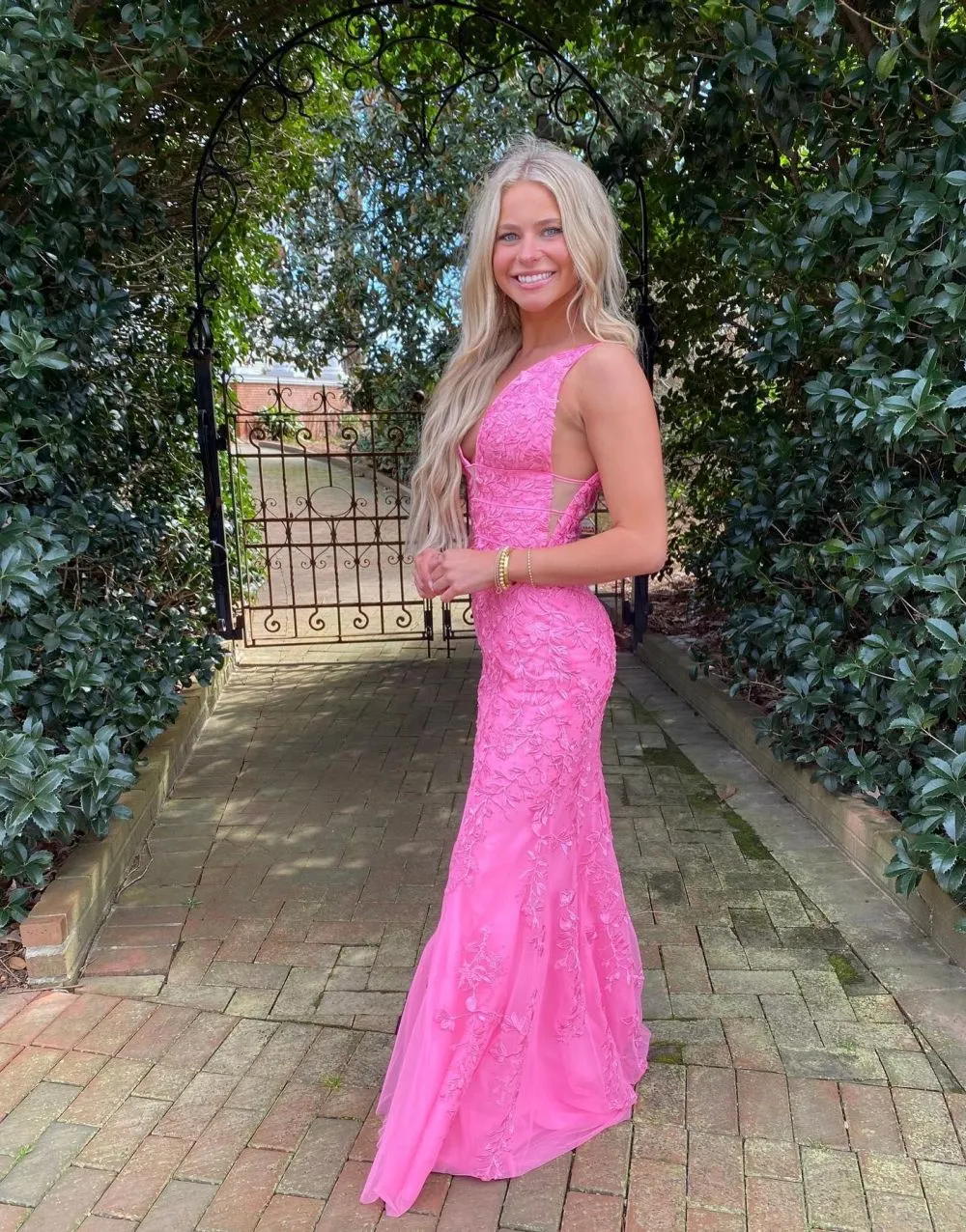 Kallie |Hot Pink Mermaid Plunge V Neck Lace Prom Dress