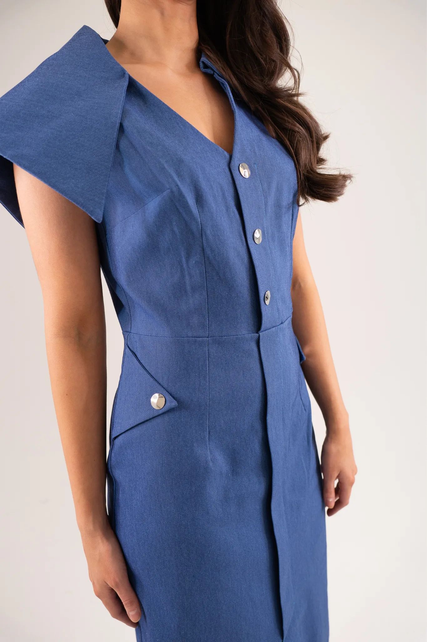 Kayla Asymmetric Collar Dress In Dark Denim