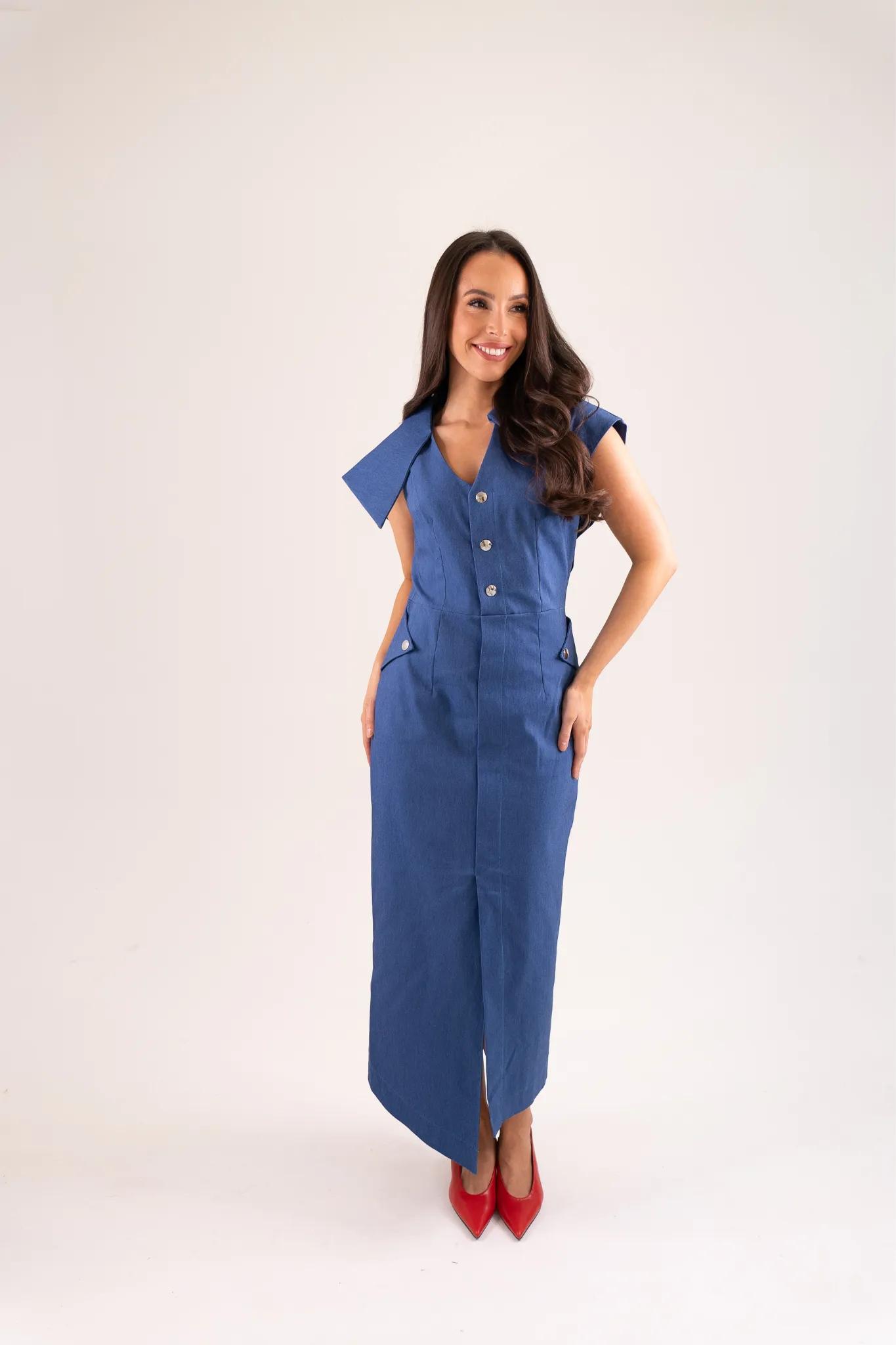 Kayla Asymmetric Collar Dress In Dark Denim