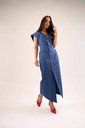 Kayla Asymmetric Collar Dress In Dark Denim