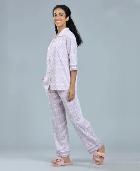 Lavender Geometric Print Satin Night Suit