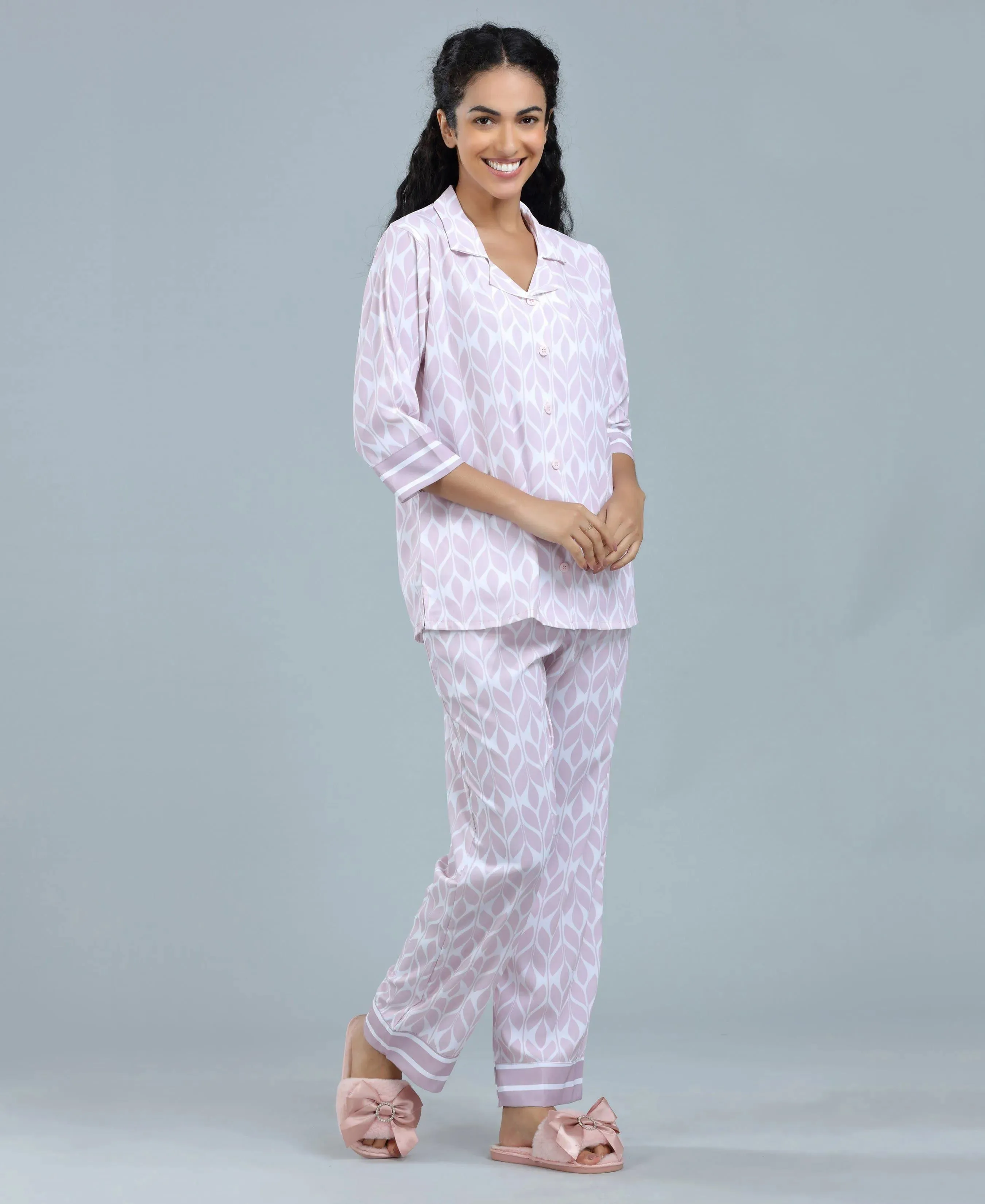 Lavender Geometric Print Satin Night Suit