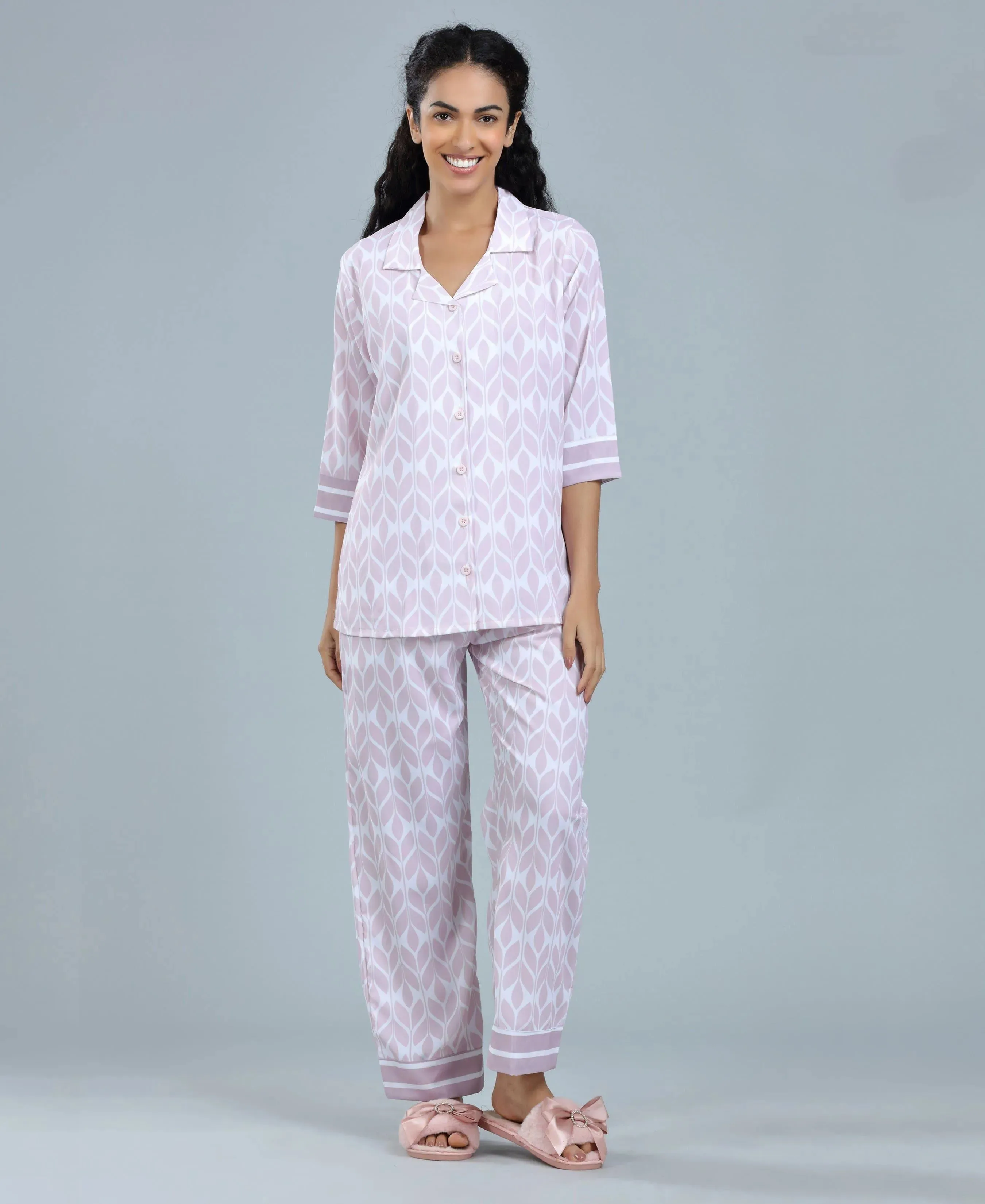 Lavender Geometric Print Satin Night Suit