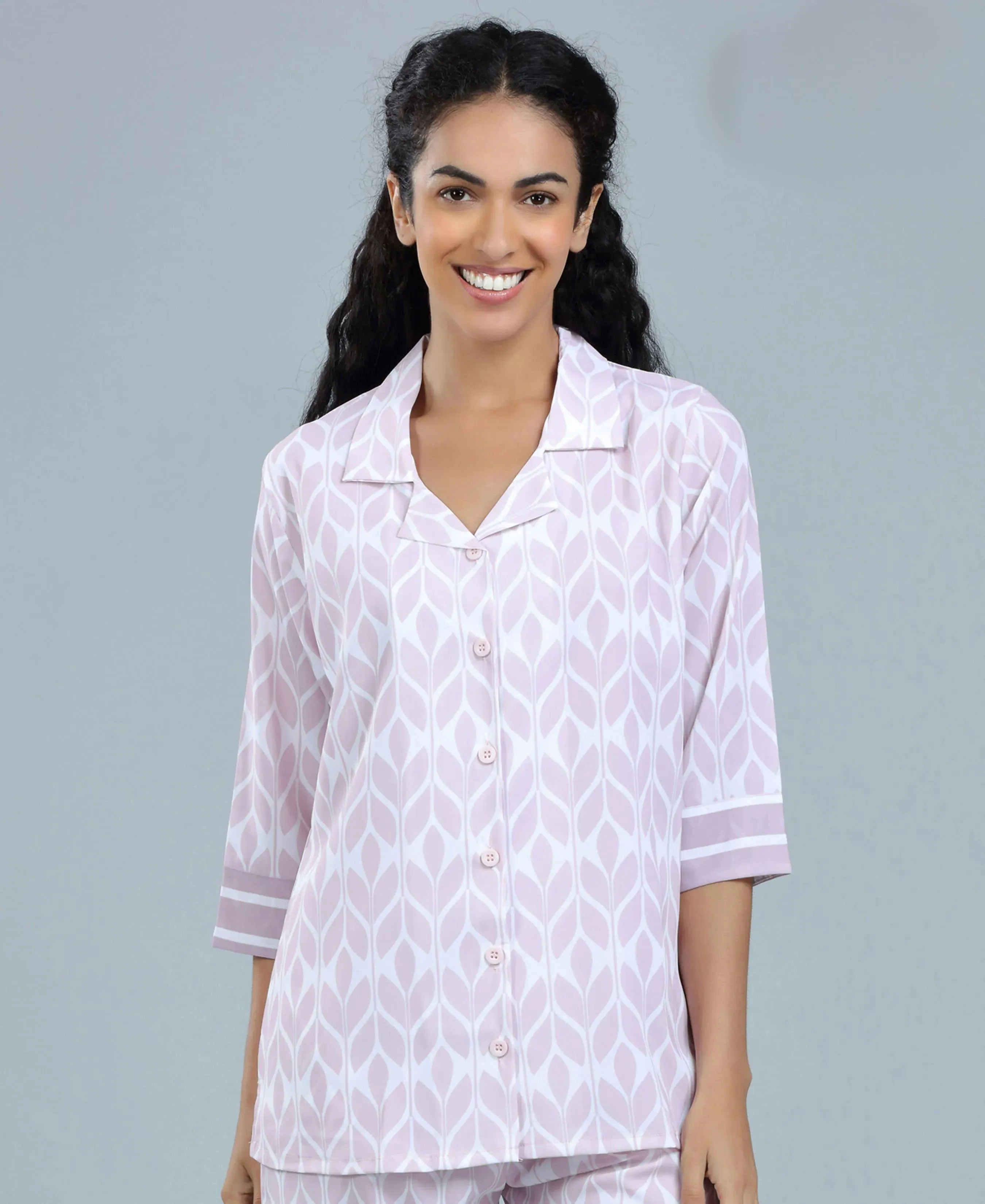 Lavender Geometric Print Satin Night Suit