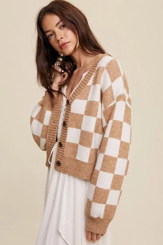 LISTICLE Bold Gingham Sweater Weaved Crop Cardigan