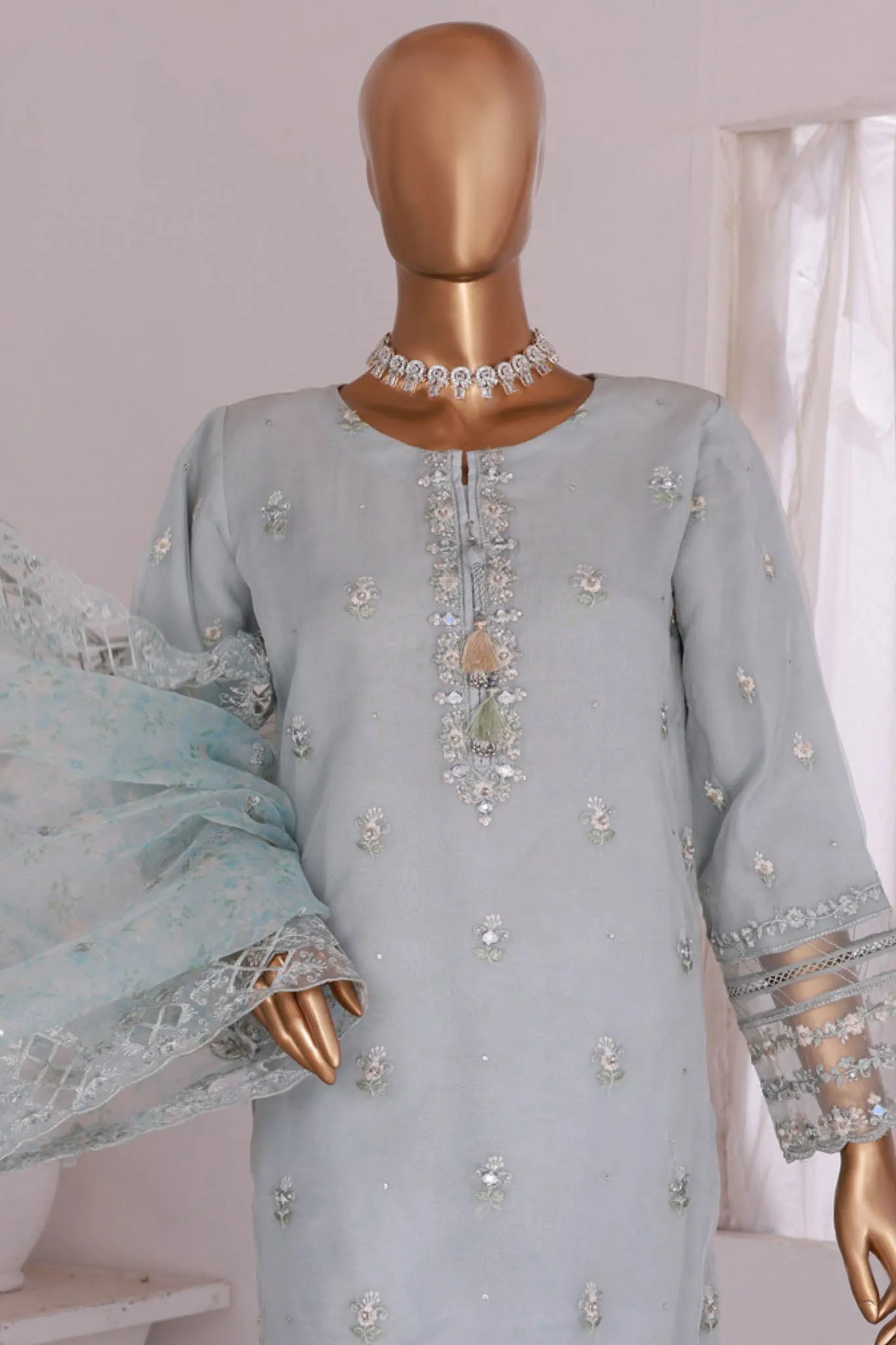 Luxe Pret By HZ Stitched 3 Piece Emb Organza Formals Collection'2024-HZK-162-Sky Blue
