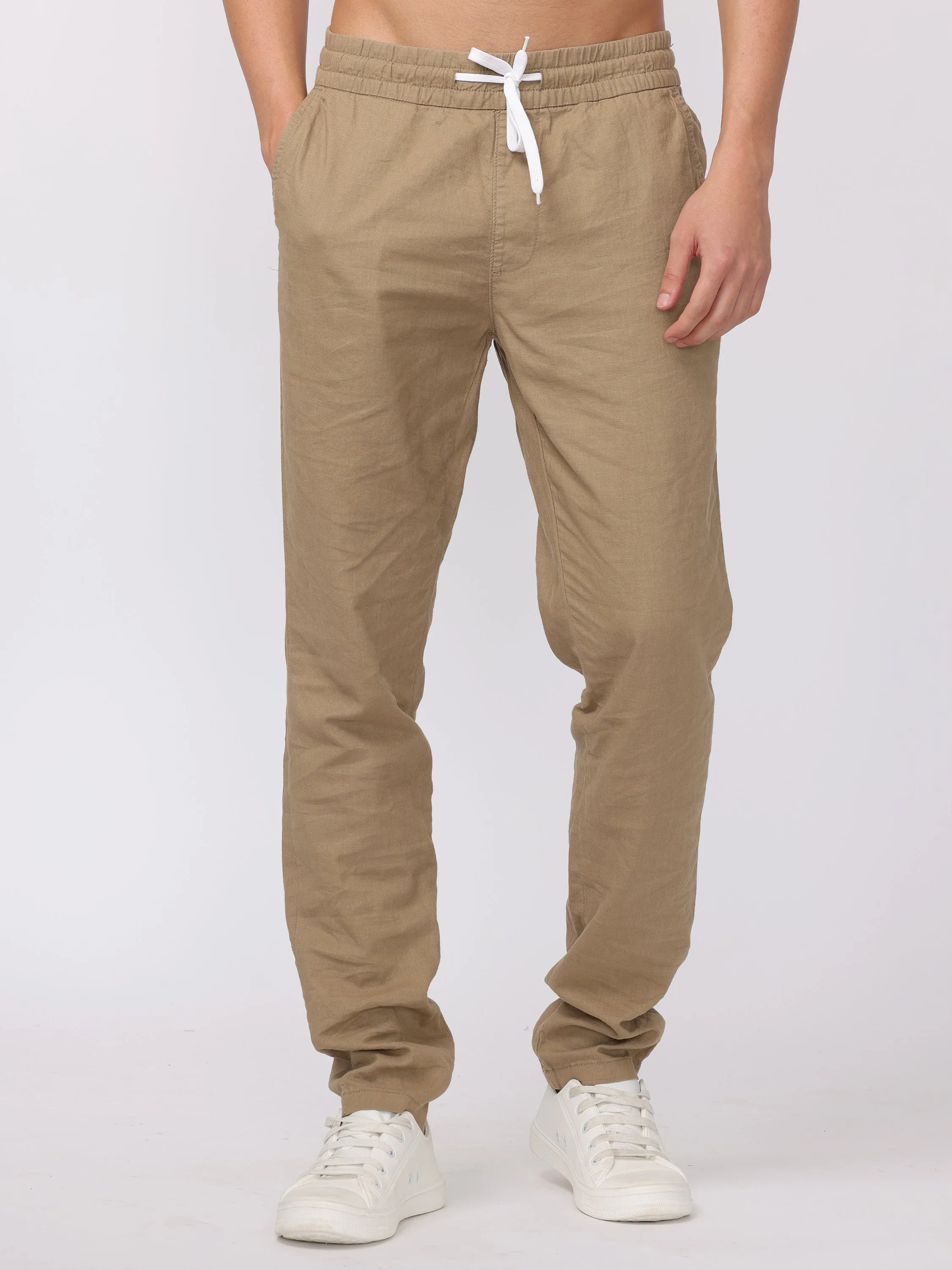 Men Beige Regular Fit Linen Blend Pants