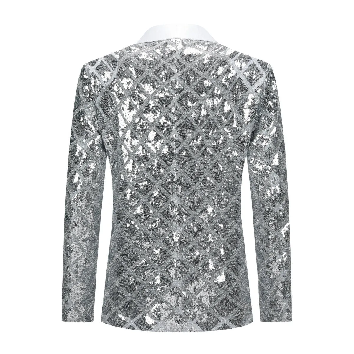 Men's One Button Plaid Sequin Blazer Silver