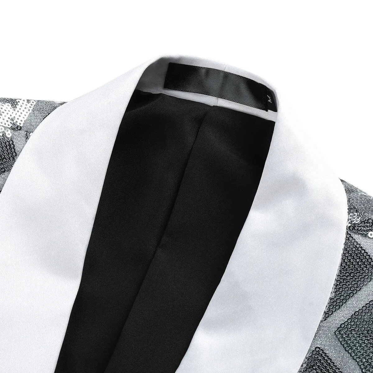 Men's One Button Plaid Sequin Blazer Silver