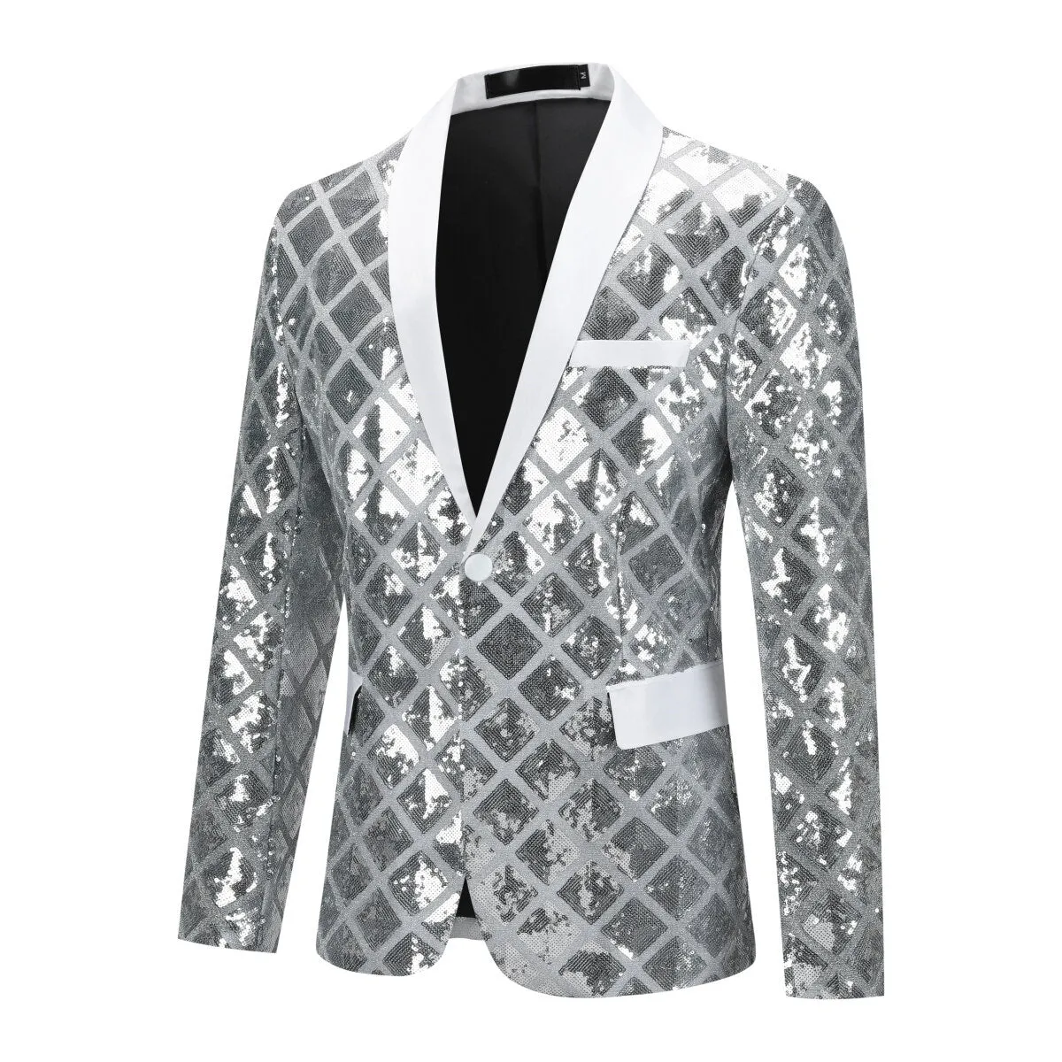 Men's One Button Plaid Sequin Blazer Silver