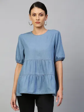 Mid Wash Blue, Light Weight Denim Tiered Top