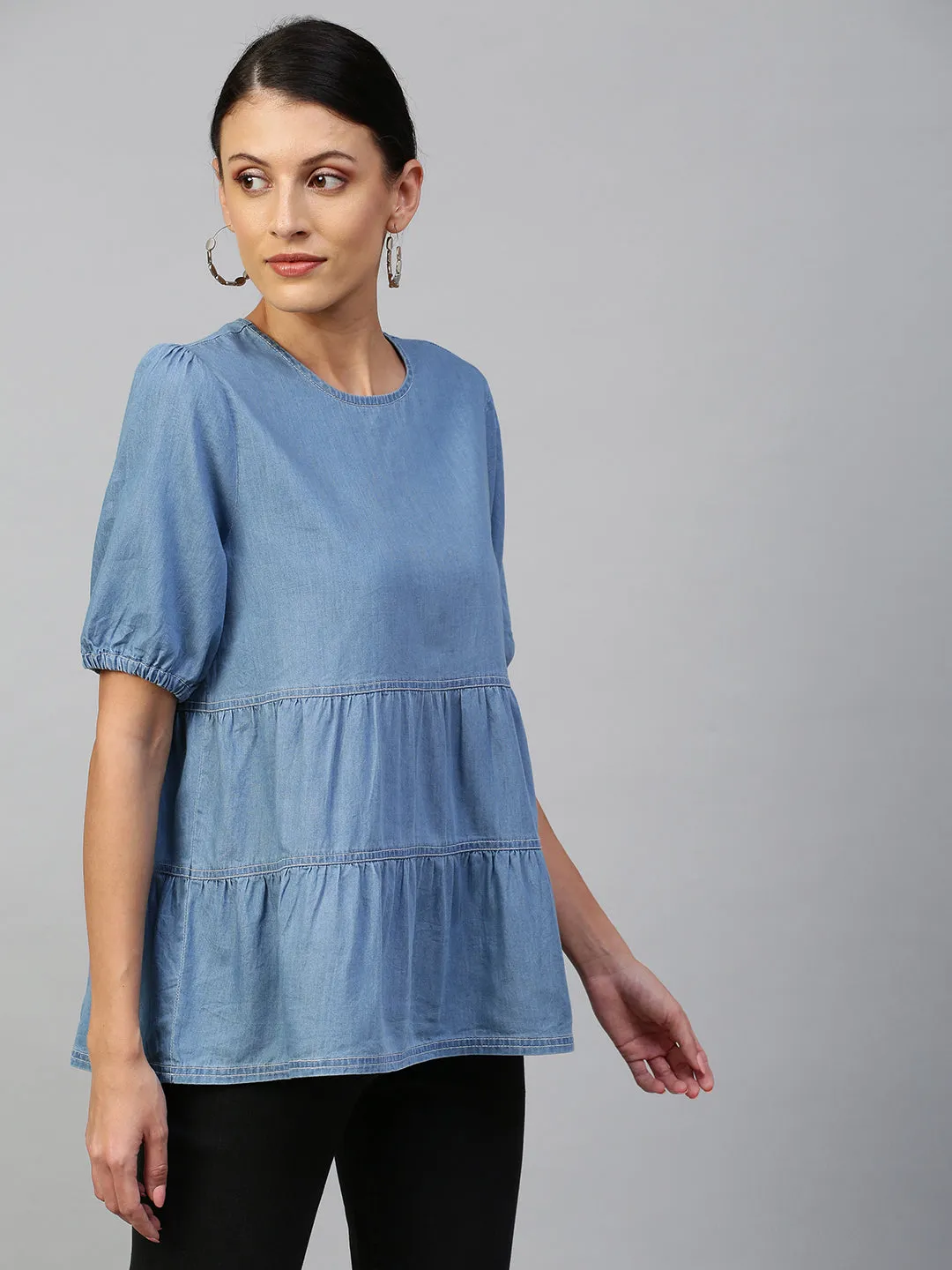 Mid Wash Blue, Light Weight Denim Tiered Top