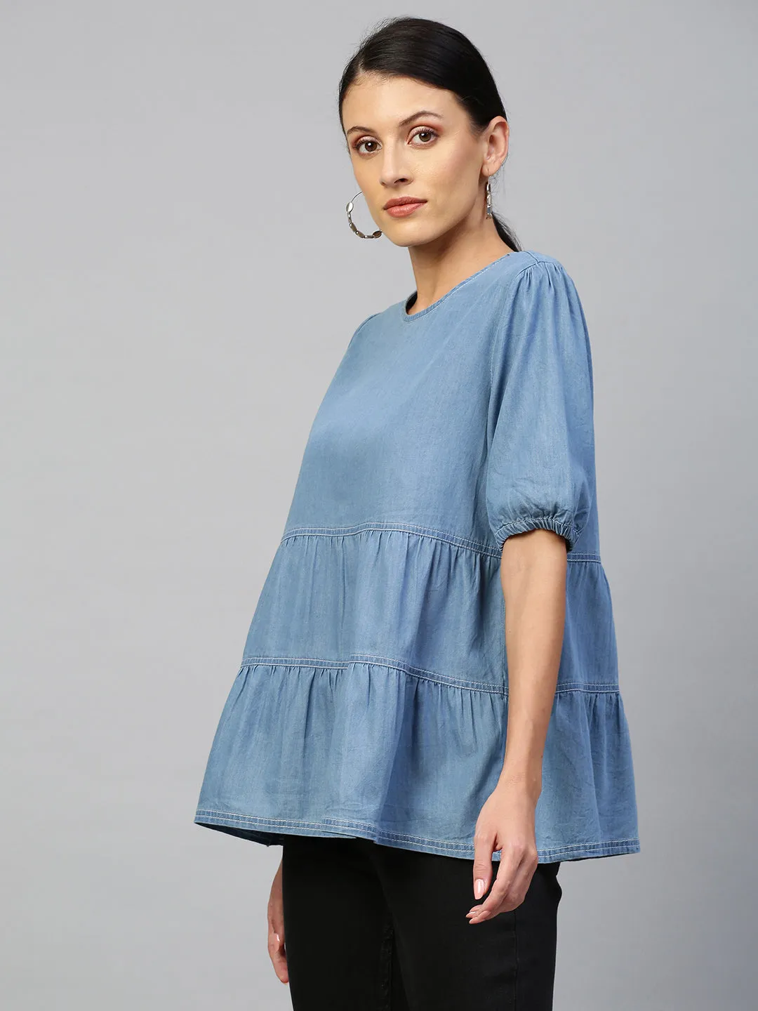 Mid Wash Blue, Light Weight Denim Tiered Top
