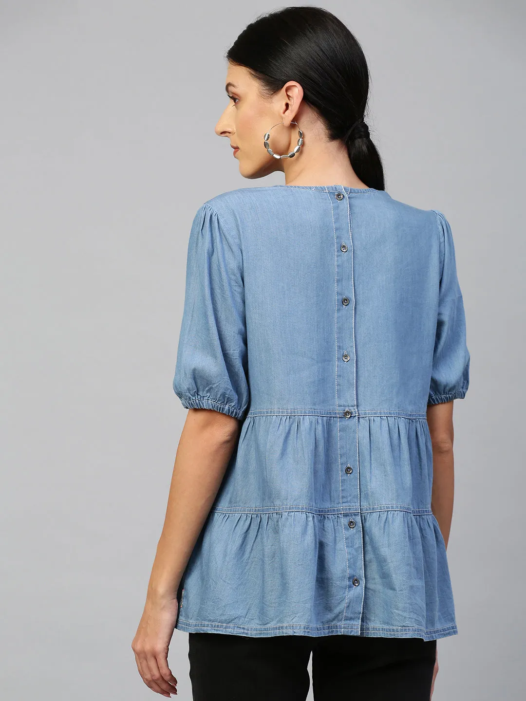 Mid Wash Blue, Light Weight Denim Tiered Top