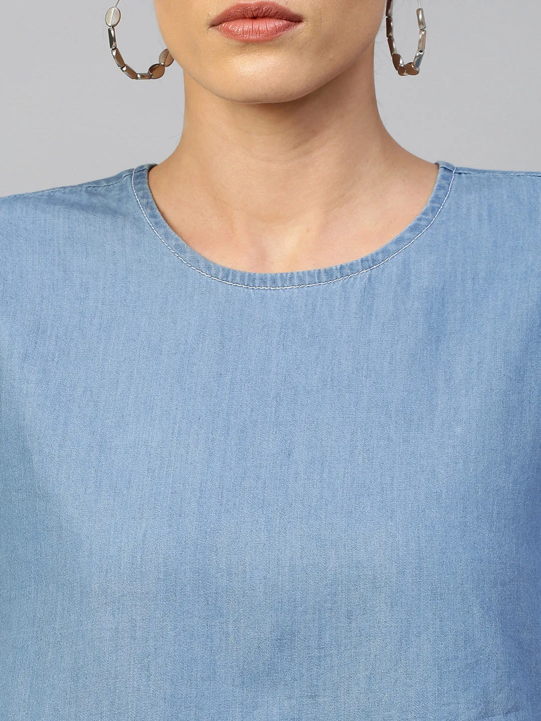 Mid Wash Blue, Light Weight Denim Tiered Top