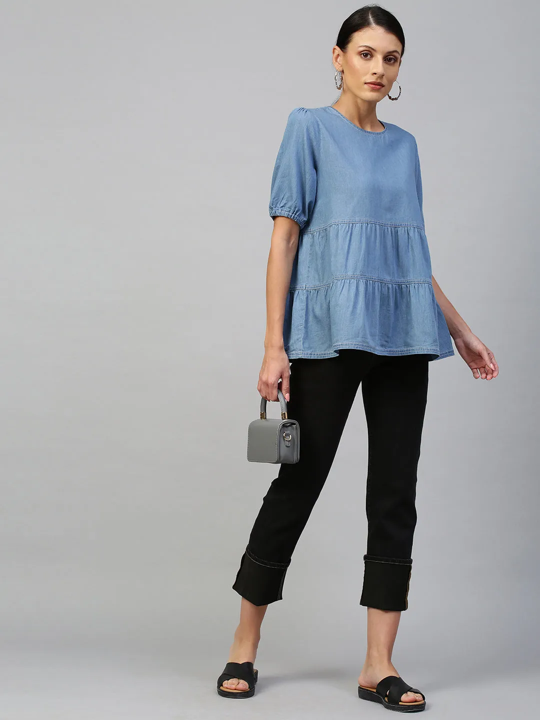 Mid Wash Blue, Light Weight Denim Tiered Top