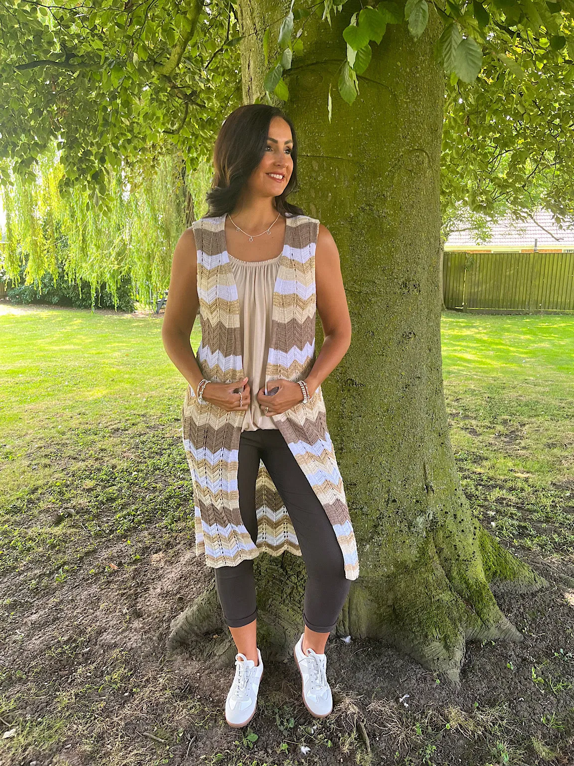 Mocha Shimmer Zig Zag Sleeveless Cardigan Debbie