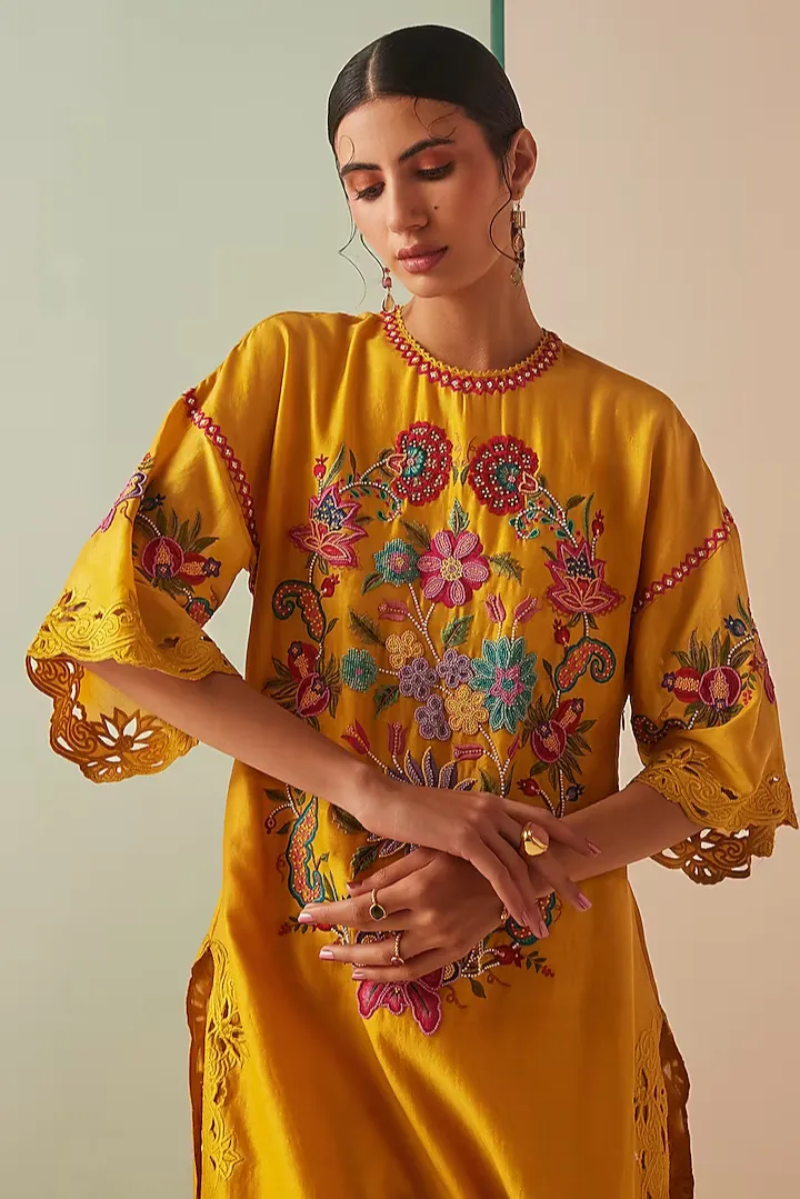Mustard Chanderi Embroidered Kurta Set