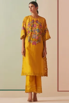 Mustard Chanderi Embroidered Kurta Set