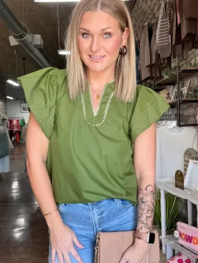 Olive V-neck Stitched Top