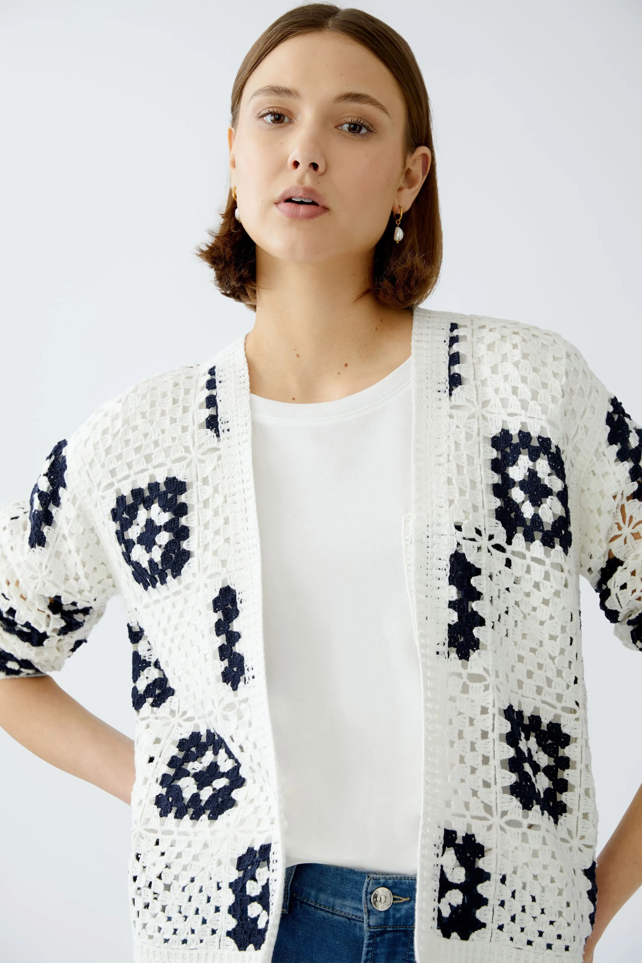Oui White/Navy Crochet Cardigan