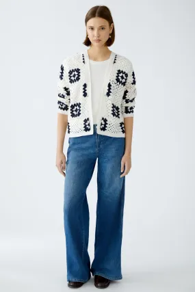 Oui White/Navy Crochet Cardigan