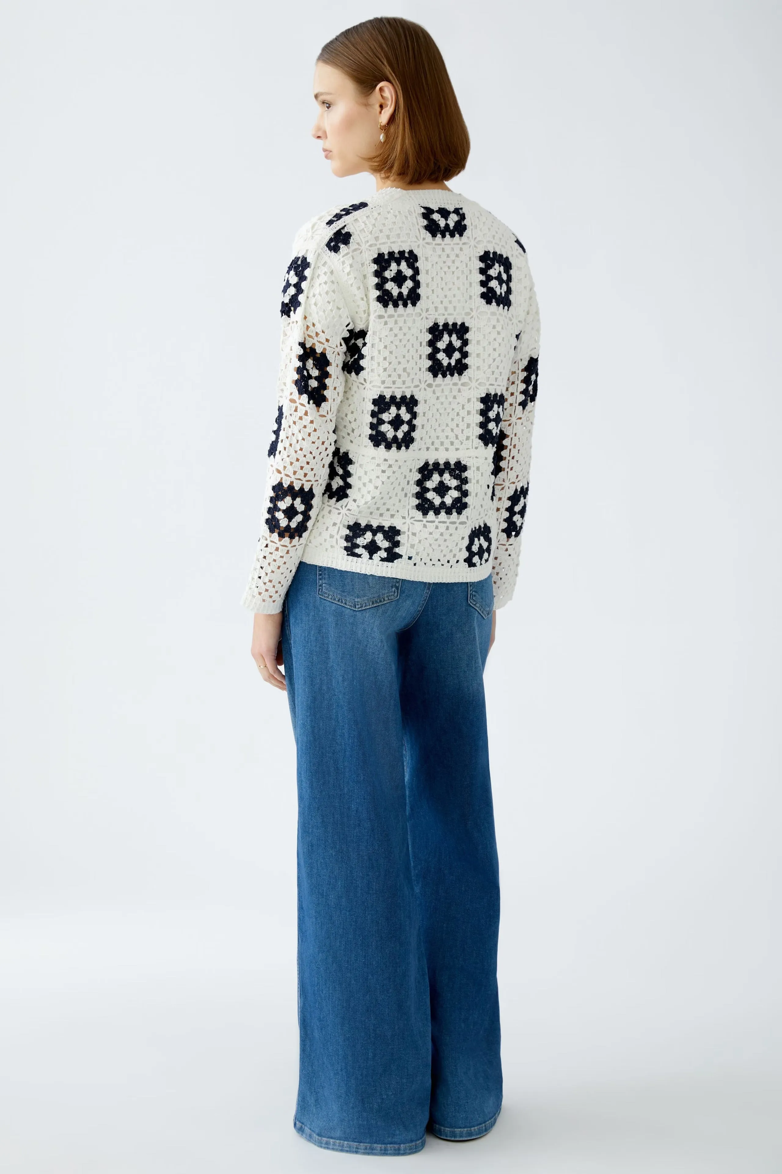 Oui White/Navy Crochet Cardigan