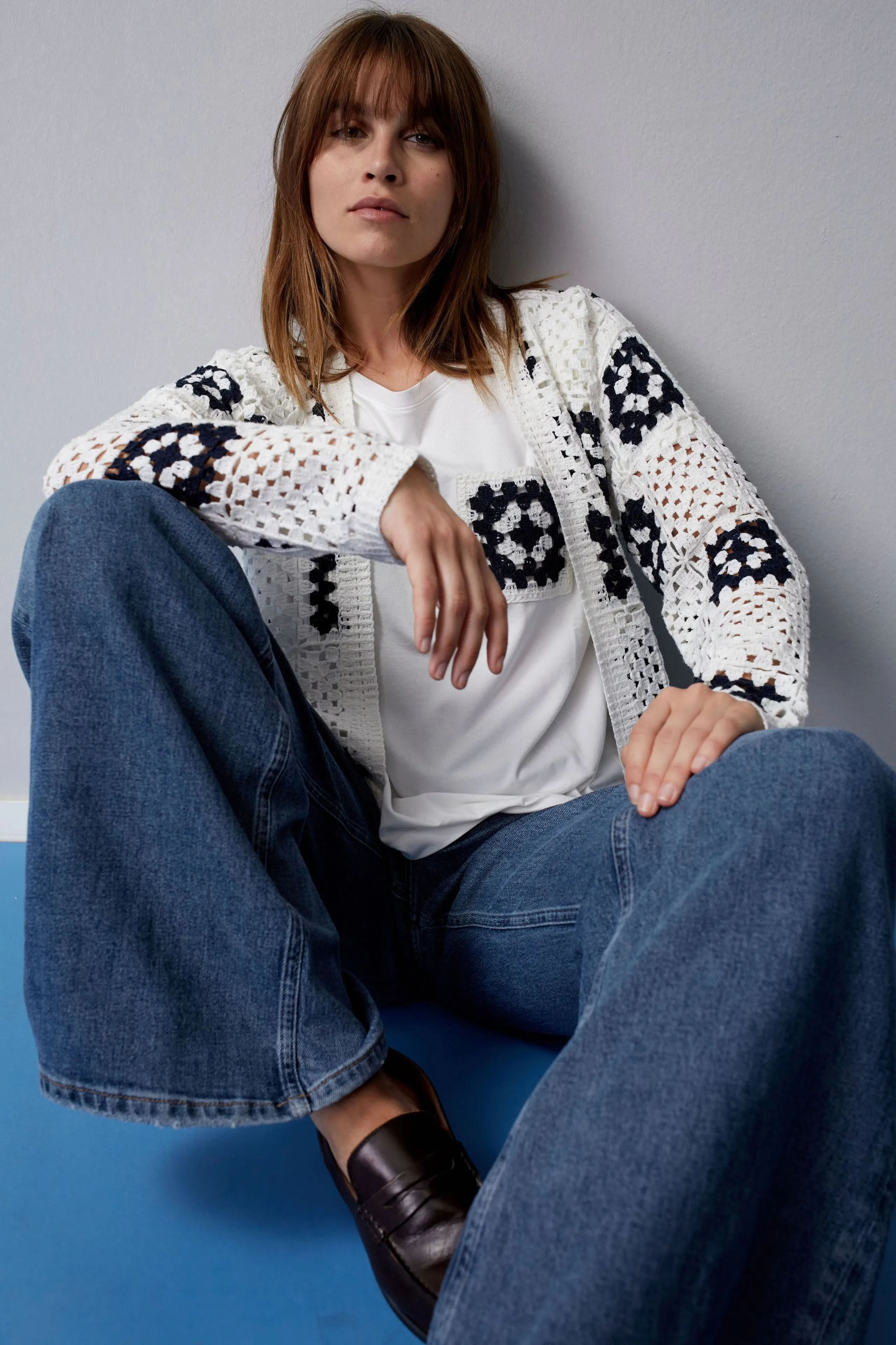 Oui White/Navy Crochet Cardigan
