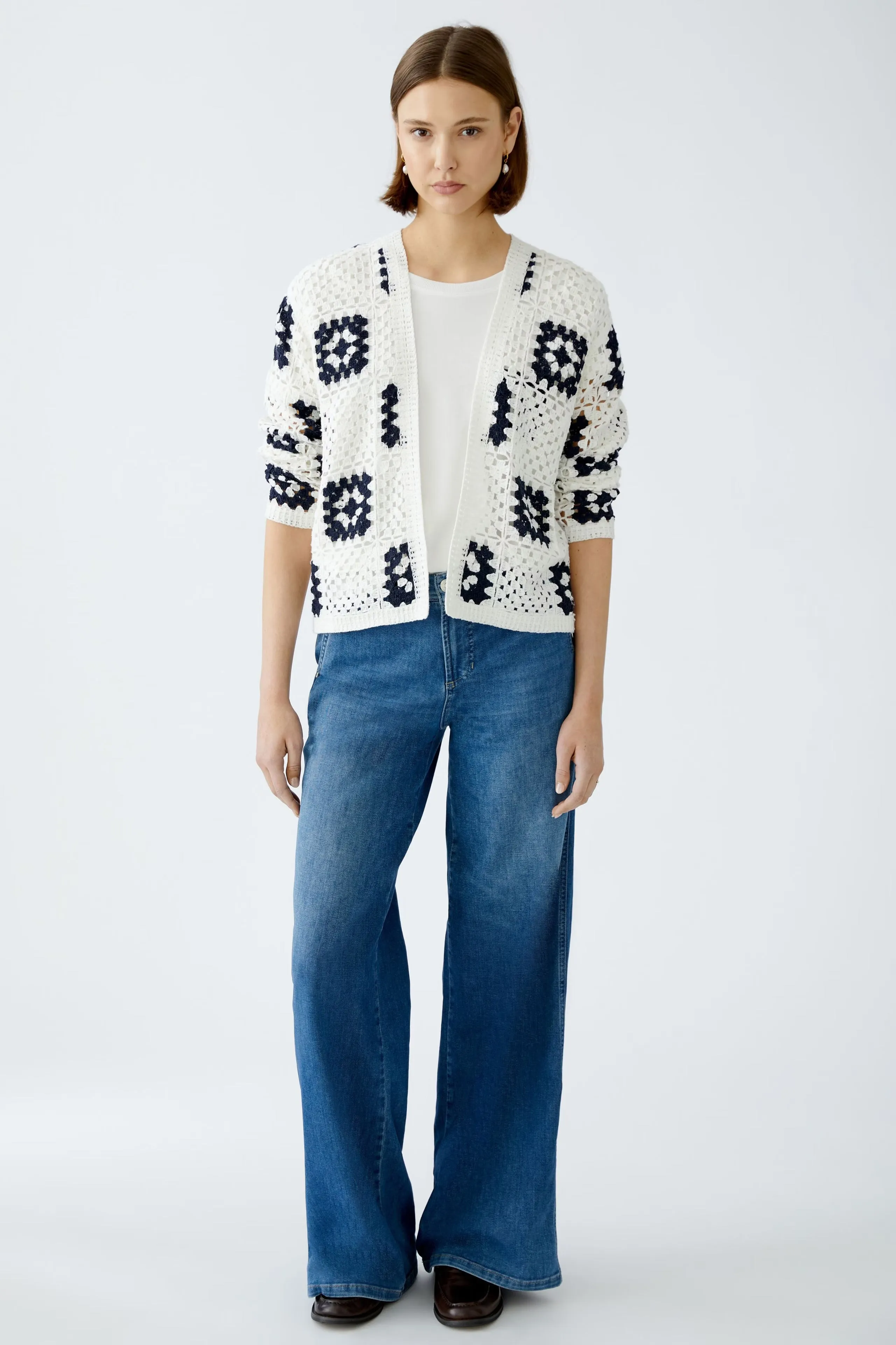 Oui White/Navy Crochet Cardigan