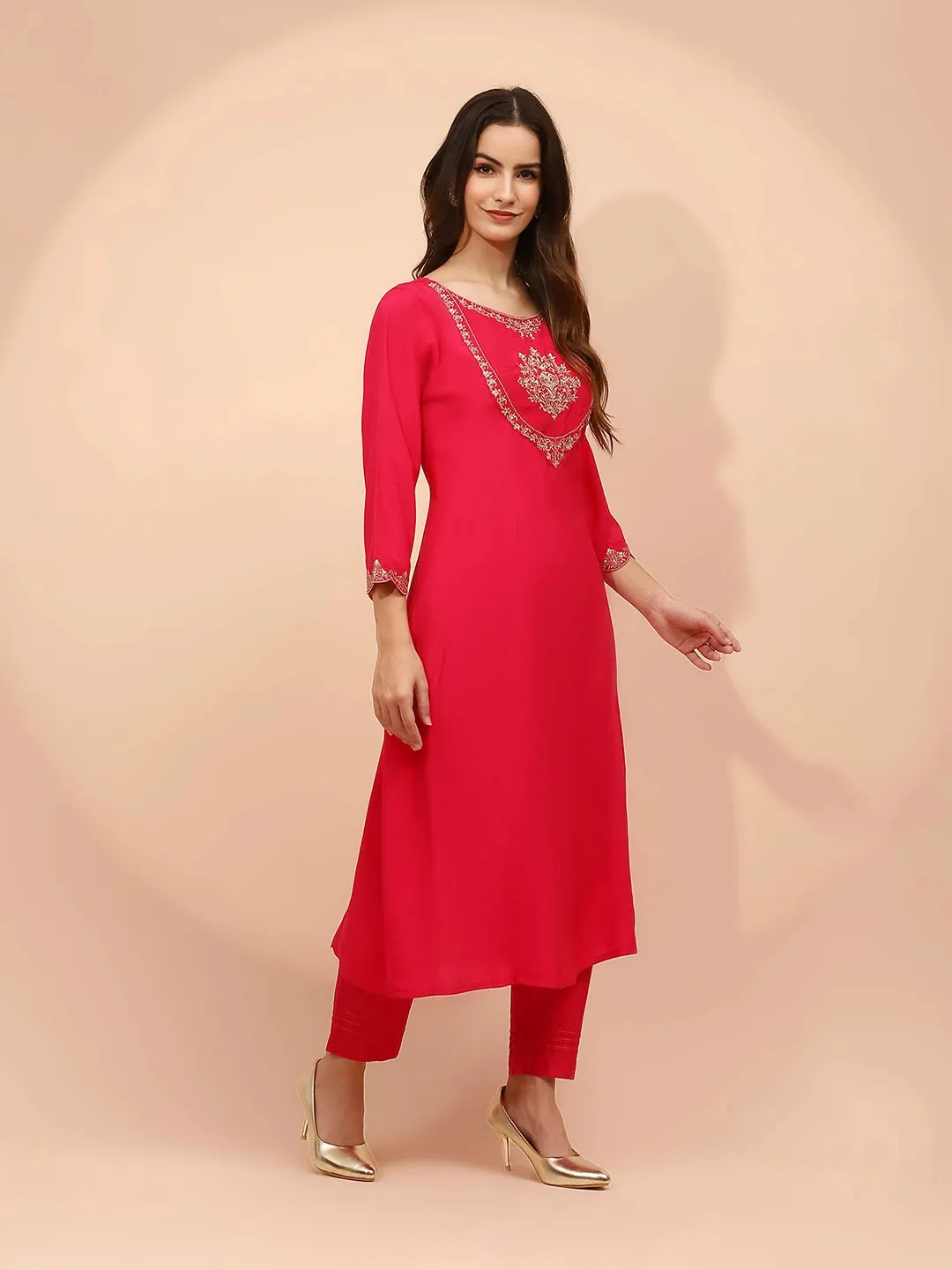 Pink Muslin Thread Embroidered Suit Set