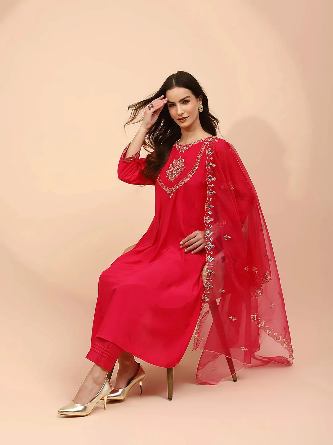Pink Muslin Thread Embroidered Suit Set