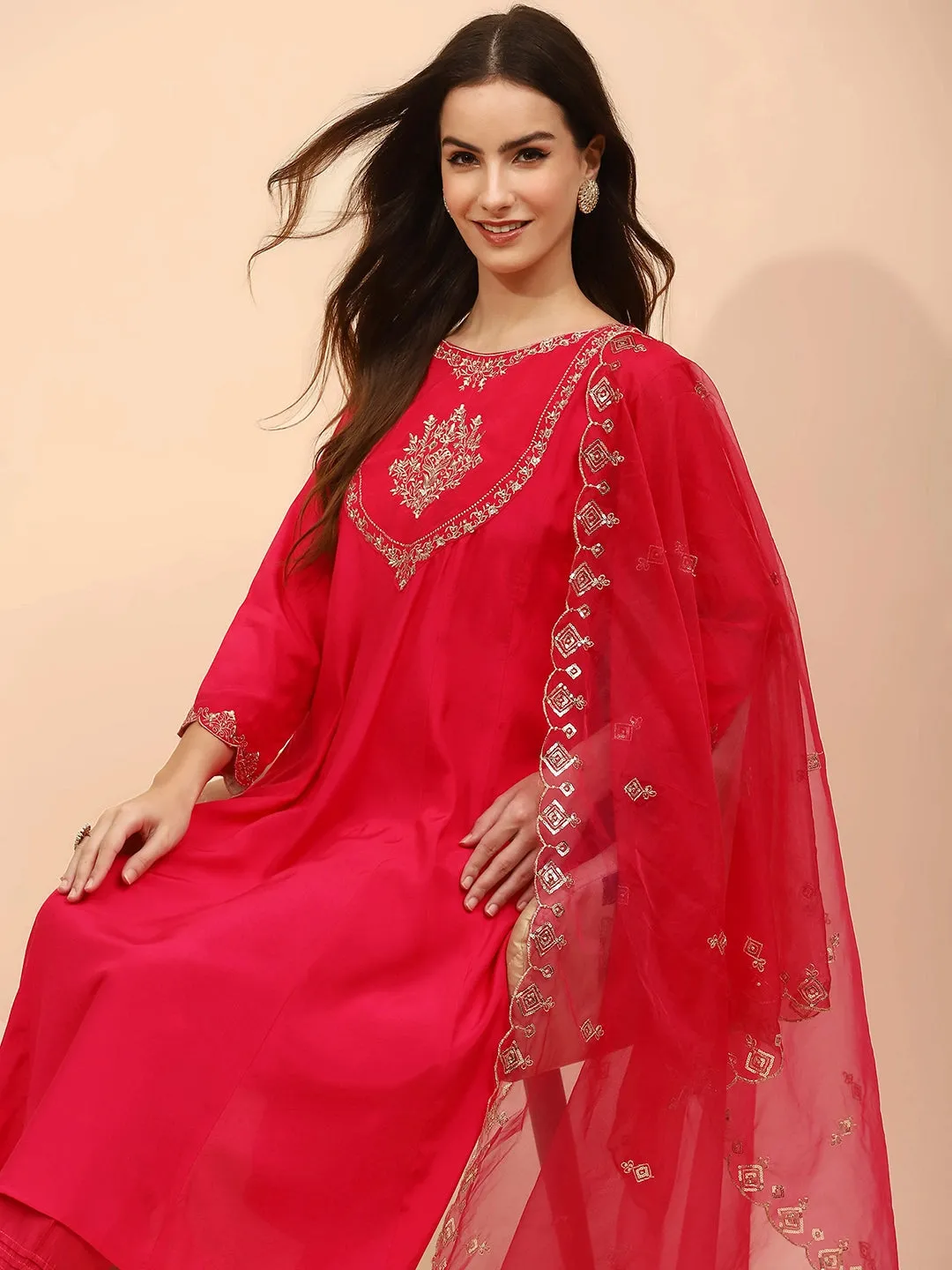 Pink Muslin Thread Embroidered Suit Set