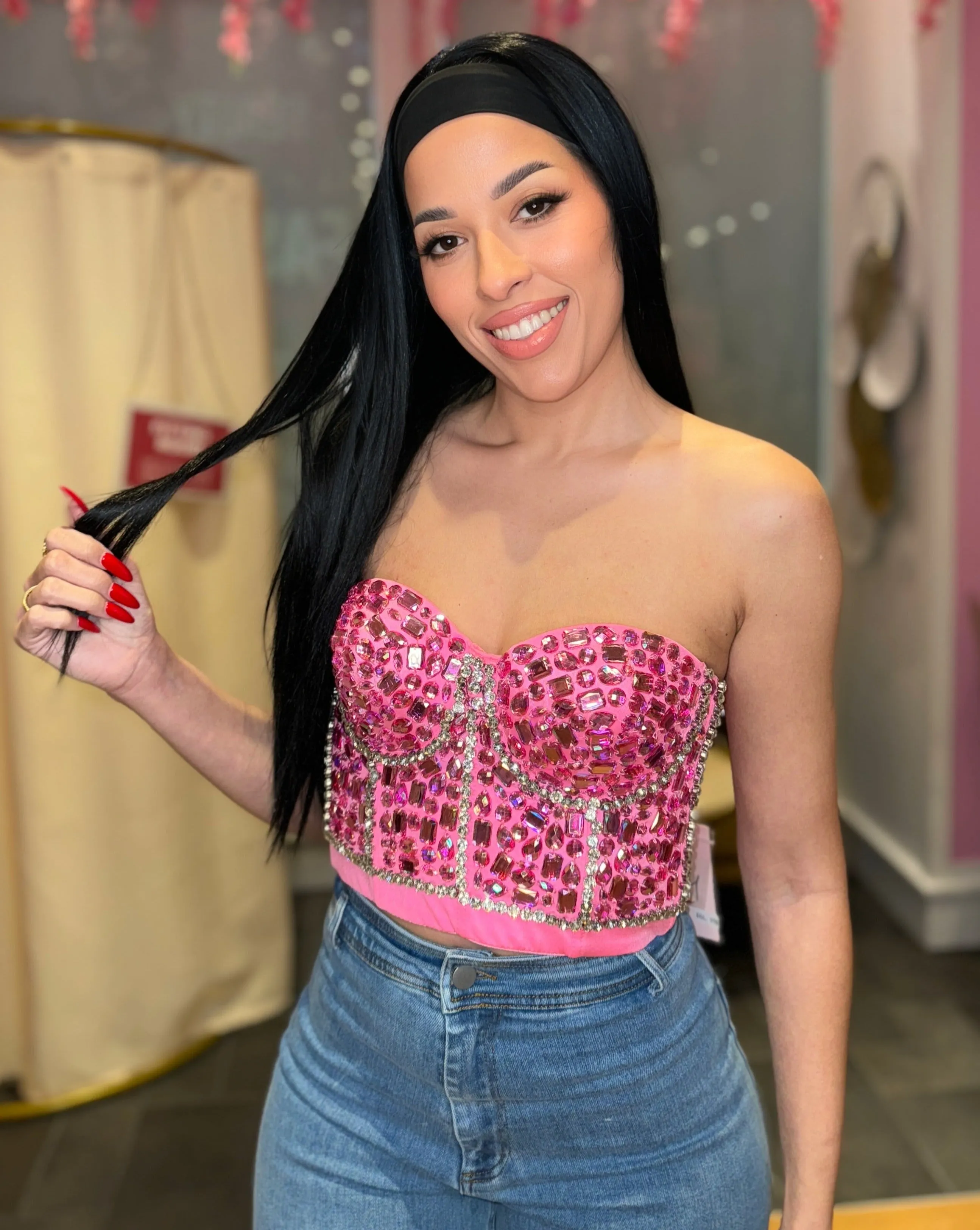 Pink Rhinestone Pattern Stone Bustier | Glamorous Top (C44)