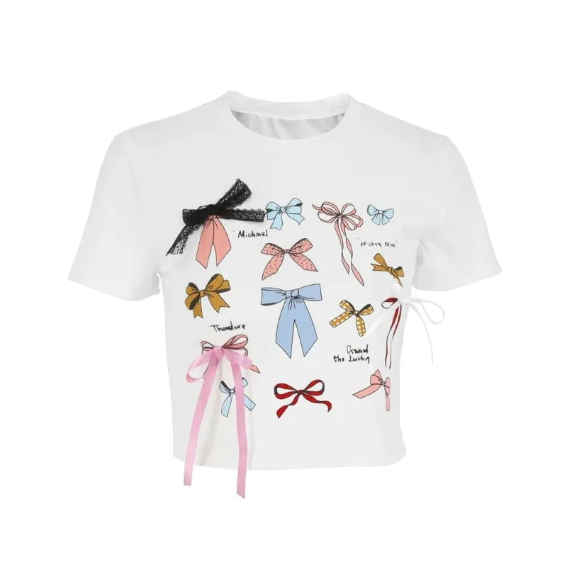 Playful Bow Decorated T-shirt - Coquette Aesthetic Top