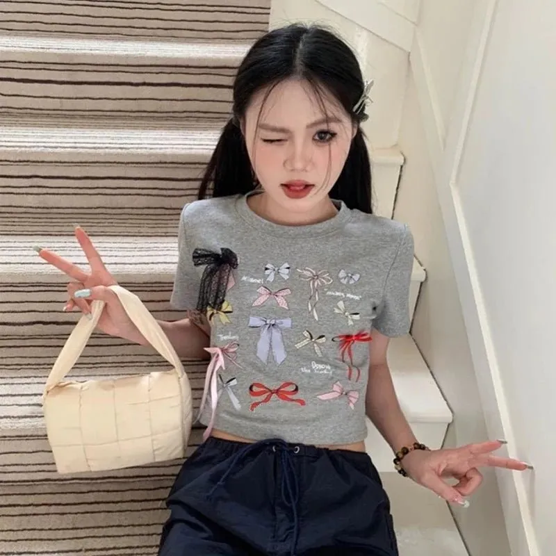Playful Bow Decorated T-shirt - Coquette Aesthetic Top