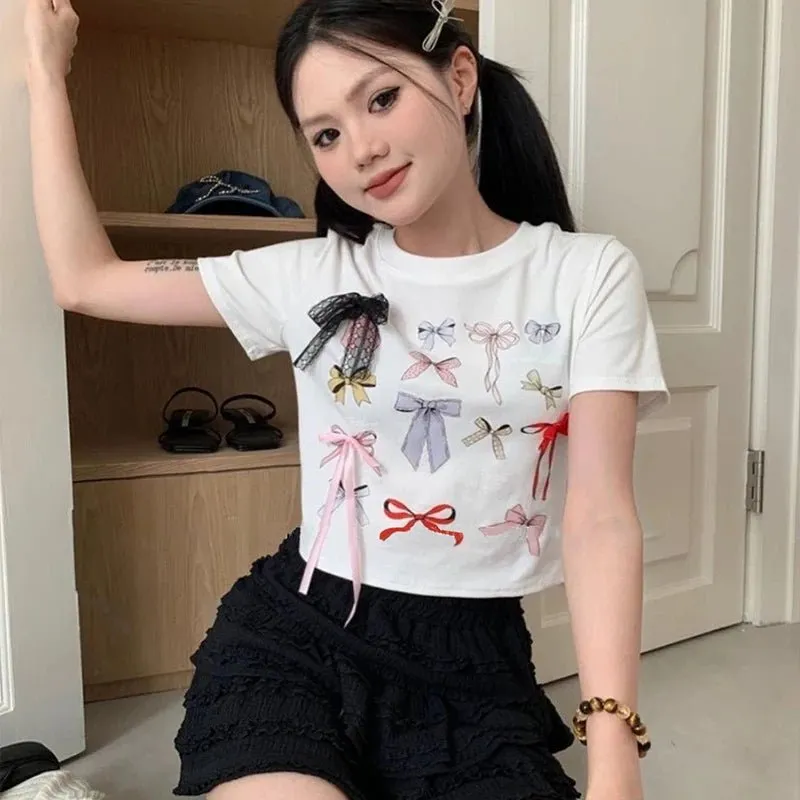 Playful Bow Decorated T-shirt - Coquette Aesthetic Top