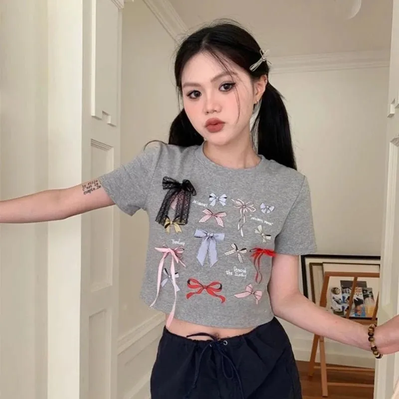 Playful Bow Decorated T-shirt - Coquette Aesthetic Top