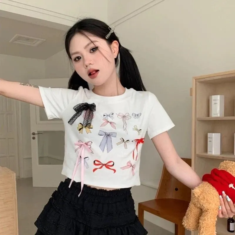 Playful Bow Decorated T-shirt - Coquette Aesthetic Top