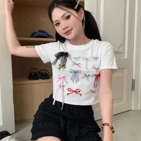 Playful Bow Decorated T-shirt - Coquette Aesthetic Top