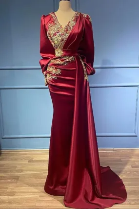 Red evening dresses with sleeves elegant floor-length prom dresses