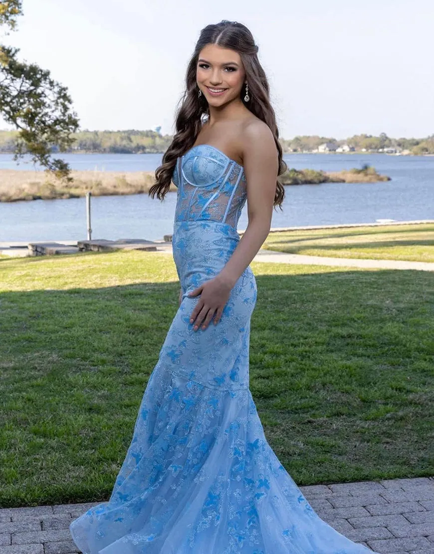Ruth | Light Blue Gougeous Strapless Long Prom Dress With Appliques