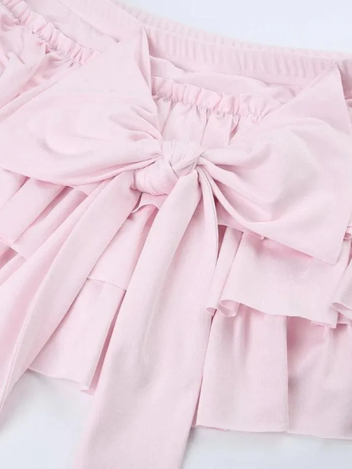 Solid Bow Splice Low Rise Tiered Mini Skirt